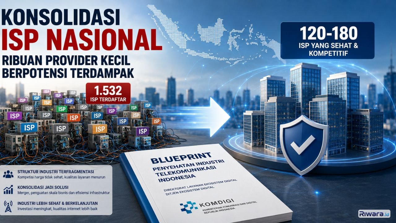Ilustrasi konsolidasi industri ISP nasional setelah blueprint Komdigi menyoroti jumlah provider internet di Indonesia yang dinilai terlalu banyak dan tidak seluruhnya sehat secara bisnis
